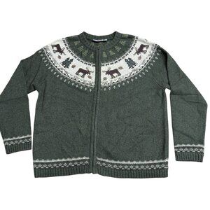 CROFT & BARROW SWEATER FULL ZIP EMBROIDERED MOOSE EVERGREEN KNIT WINTER SZ S NEW